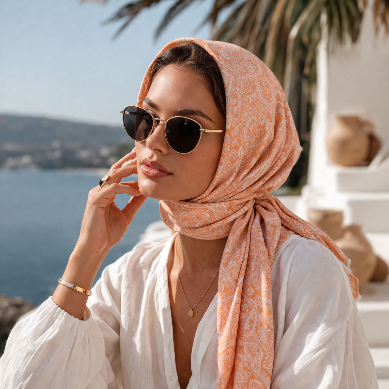 Orange Damask Pattern Cotton Scarf